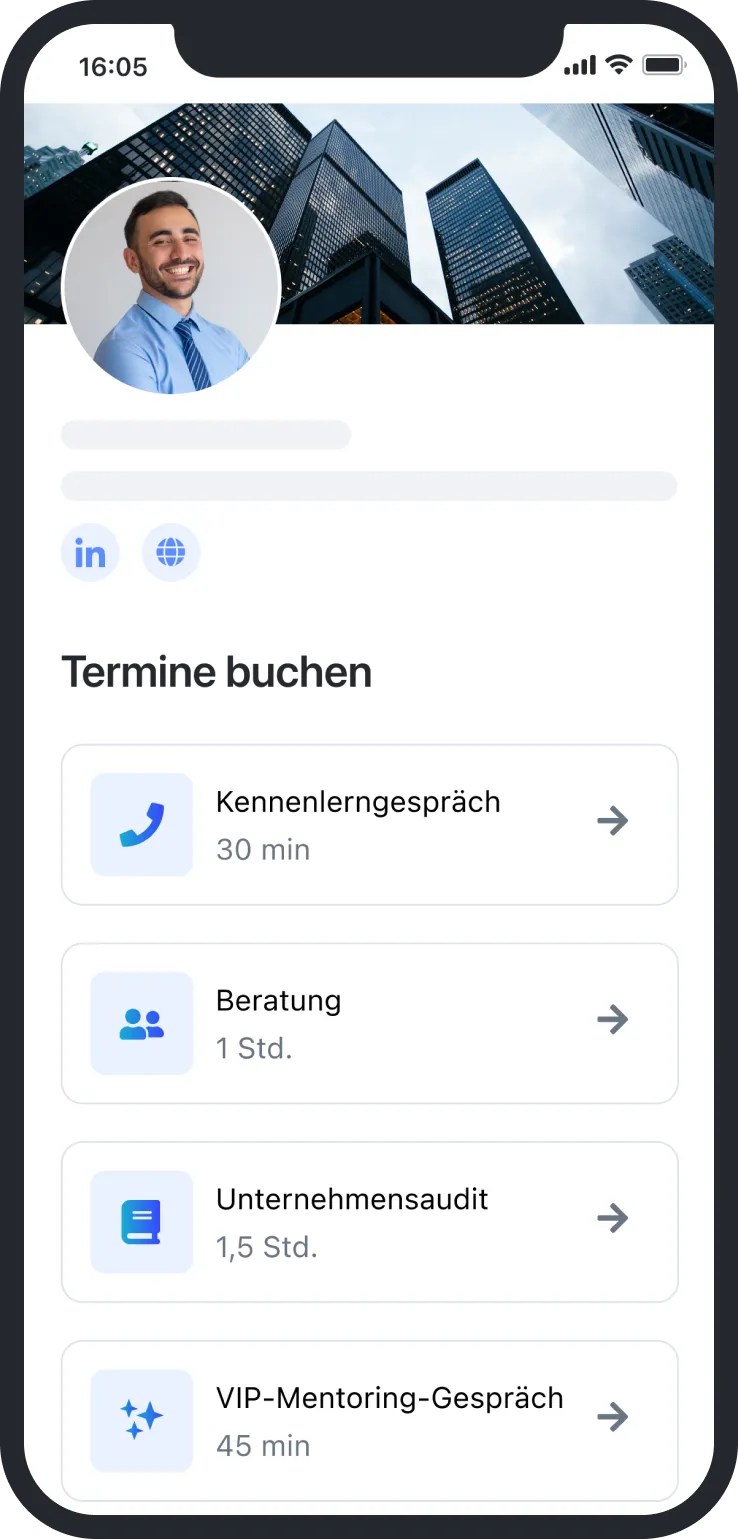 Mobile booking page showing a smiling man and appointment options for consultation and mentoring.