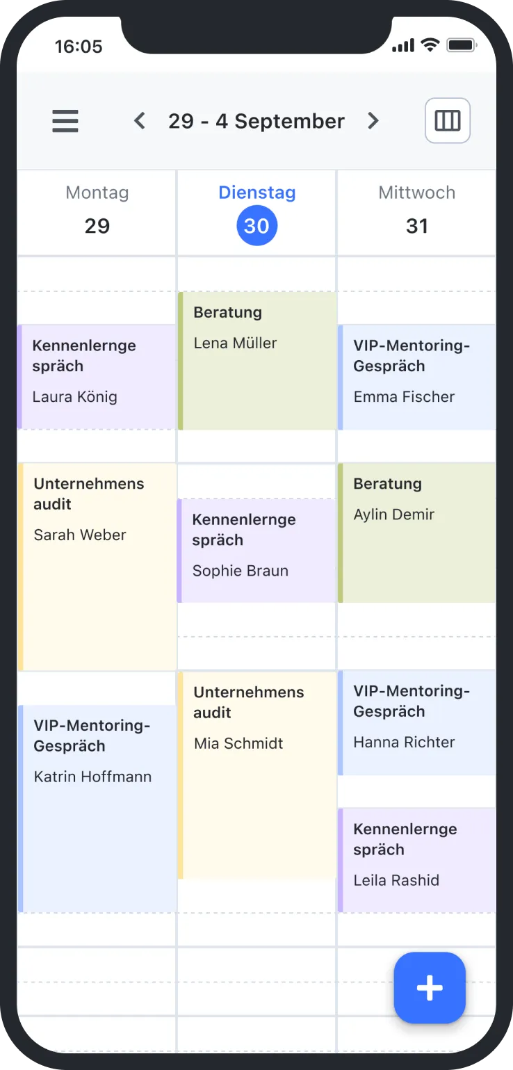 Mobile calendar app showing appointments from Aug 29 to Sept 31 with meetings and mentoring sessions.