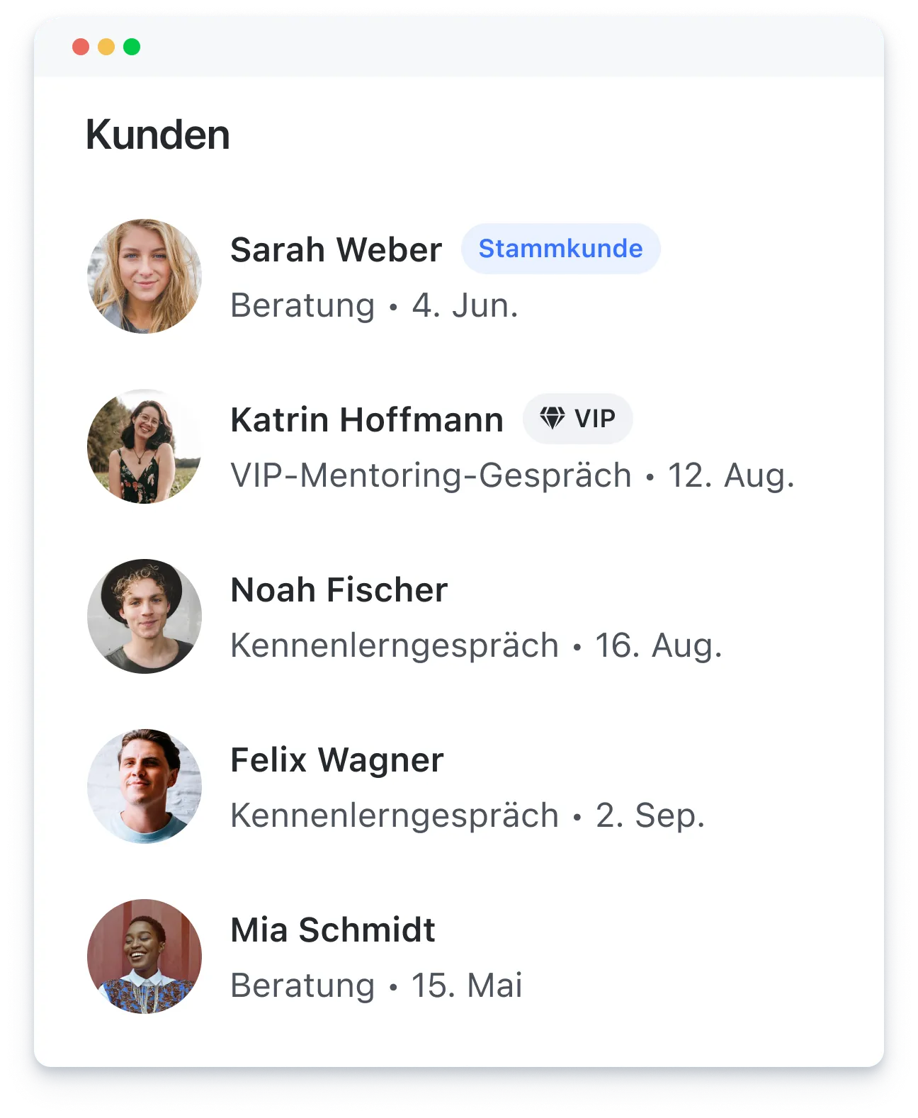 List of five customers with names, profile photos, appointment types, and dates in German.
