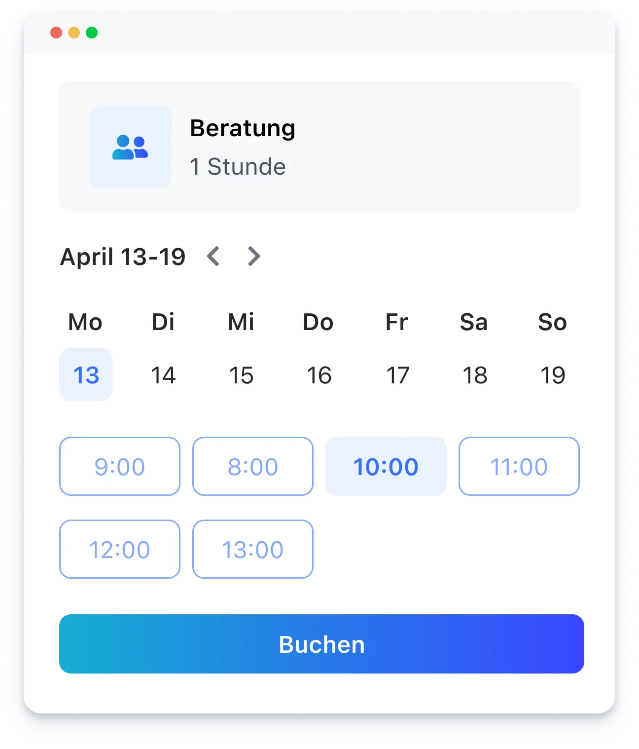 Consultation booking calendar showing week April 13-19 with selectable times and a Book button.