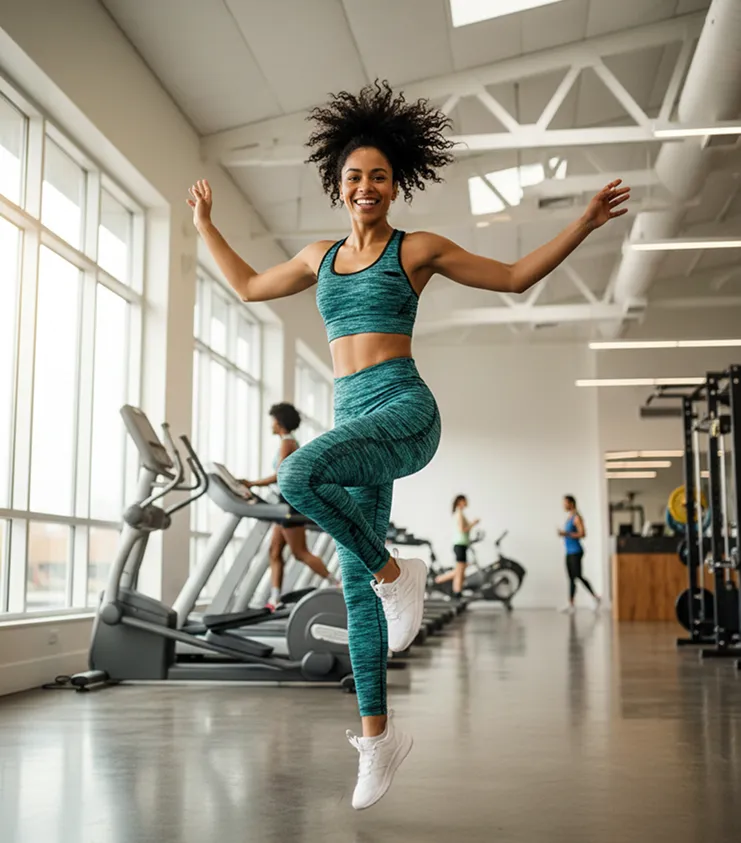 Woman in teal workout clothes jumping with arms raised in a bright gym with treadmills and exercise bikes.