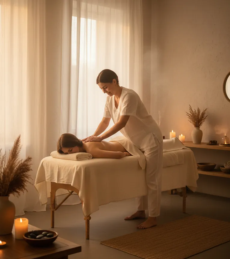 Woman receiving a back massage from a therapist in a candlelit spa room with soft curtains.