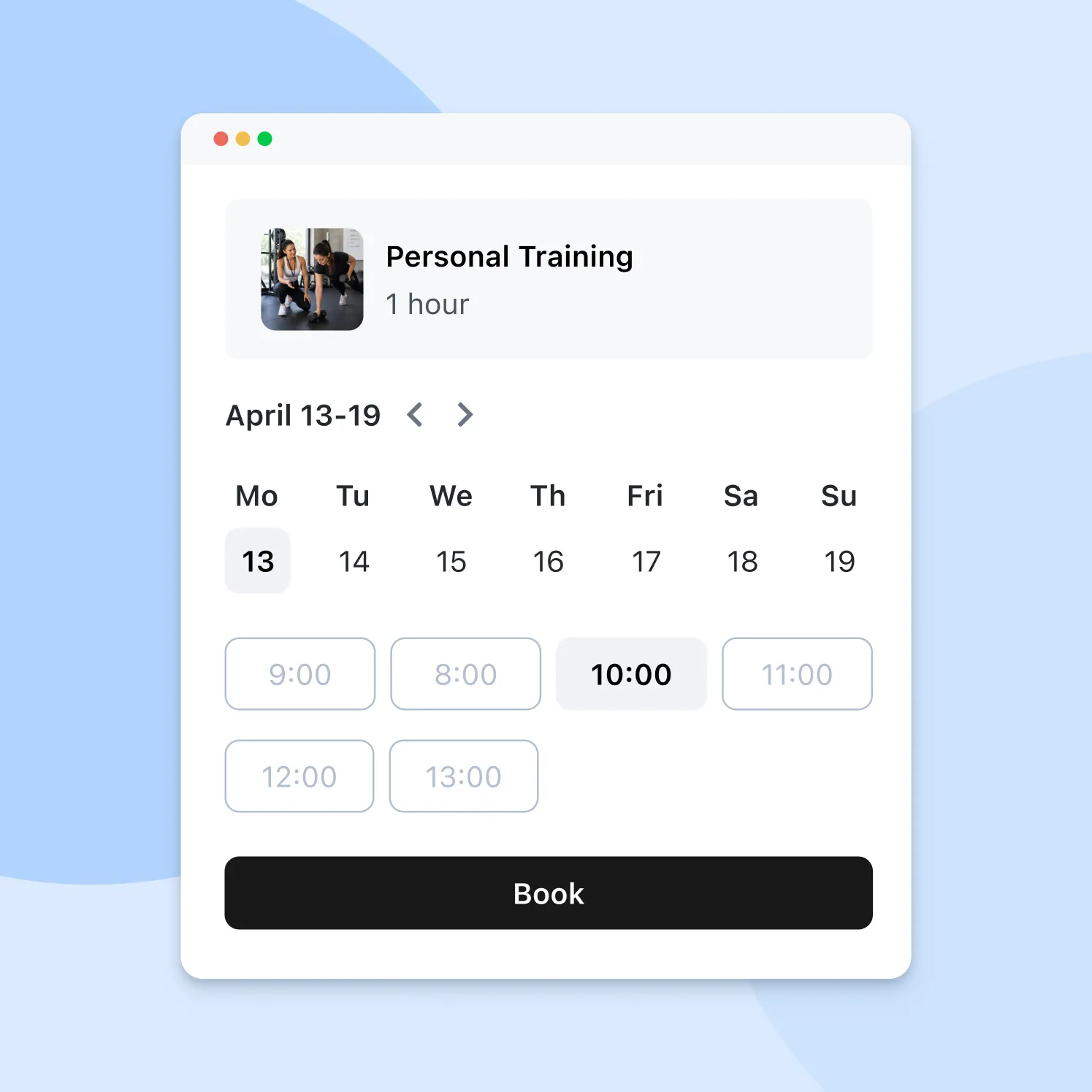 Booking interface for one-hour personal training showing calendar April 13-19 with 10:00 AM selected.