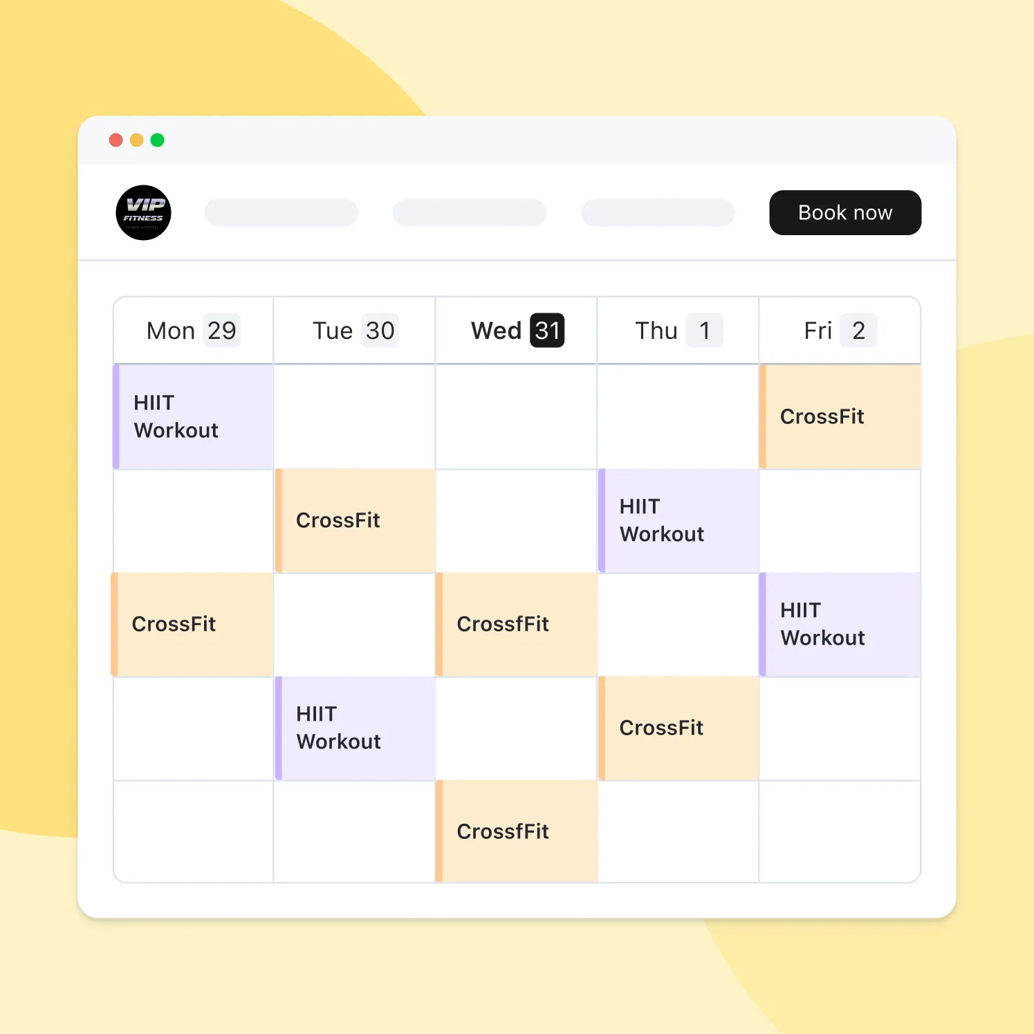 Weekly gym schedule showing HIIT Workout and CrossFit classes from Monday to Friday.