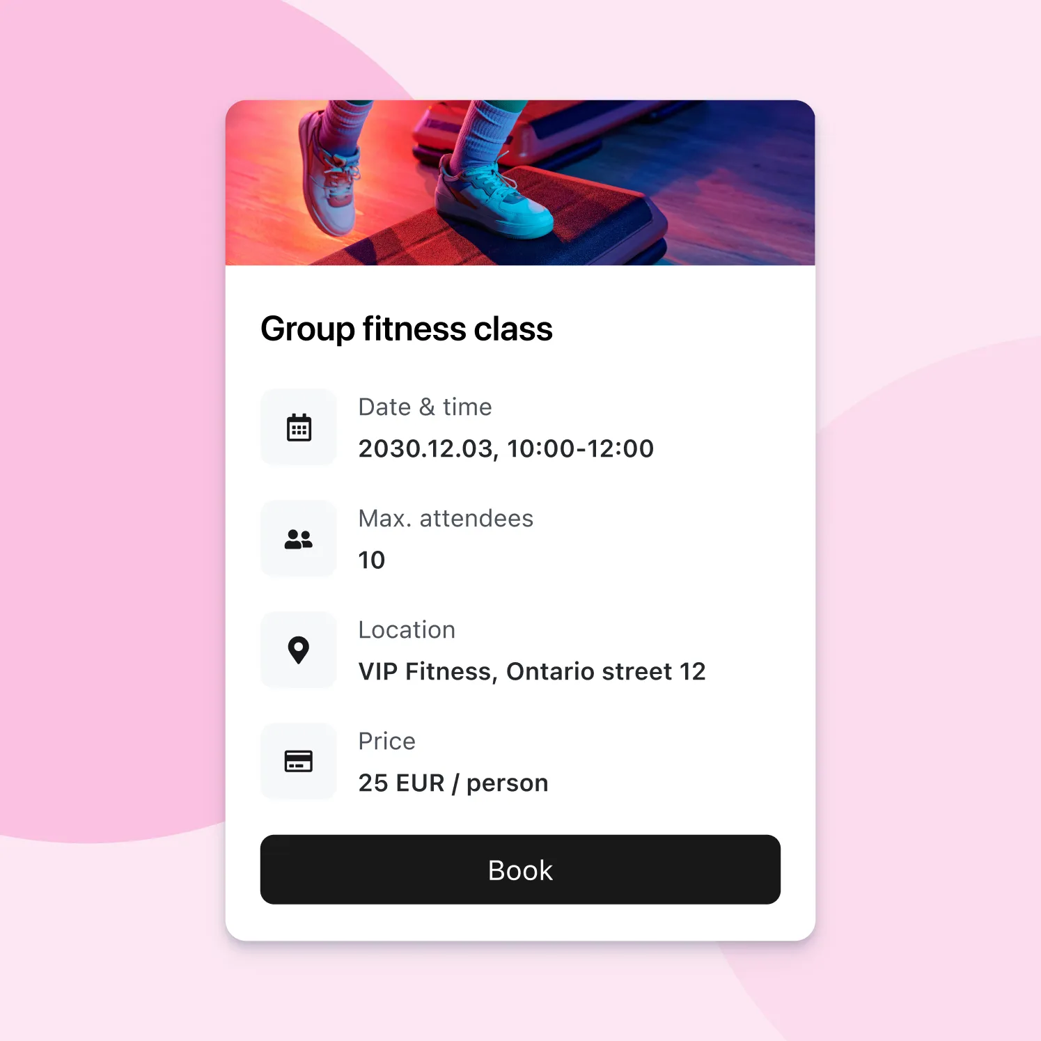 Group fitness class on Dec 3, 2030, 10am-12pm, max 10 attendees at VIP Fitness, 25 EUR per person, book button.