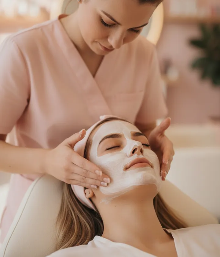 Woman receiving a relaxing facial treatment with a white mask applied by a beautician in a spa.