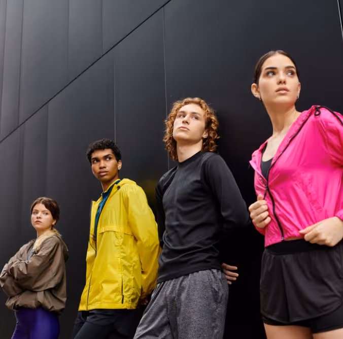 Four young adults in athletic wear leaning against a black wall, looking off to the side.