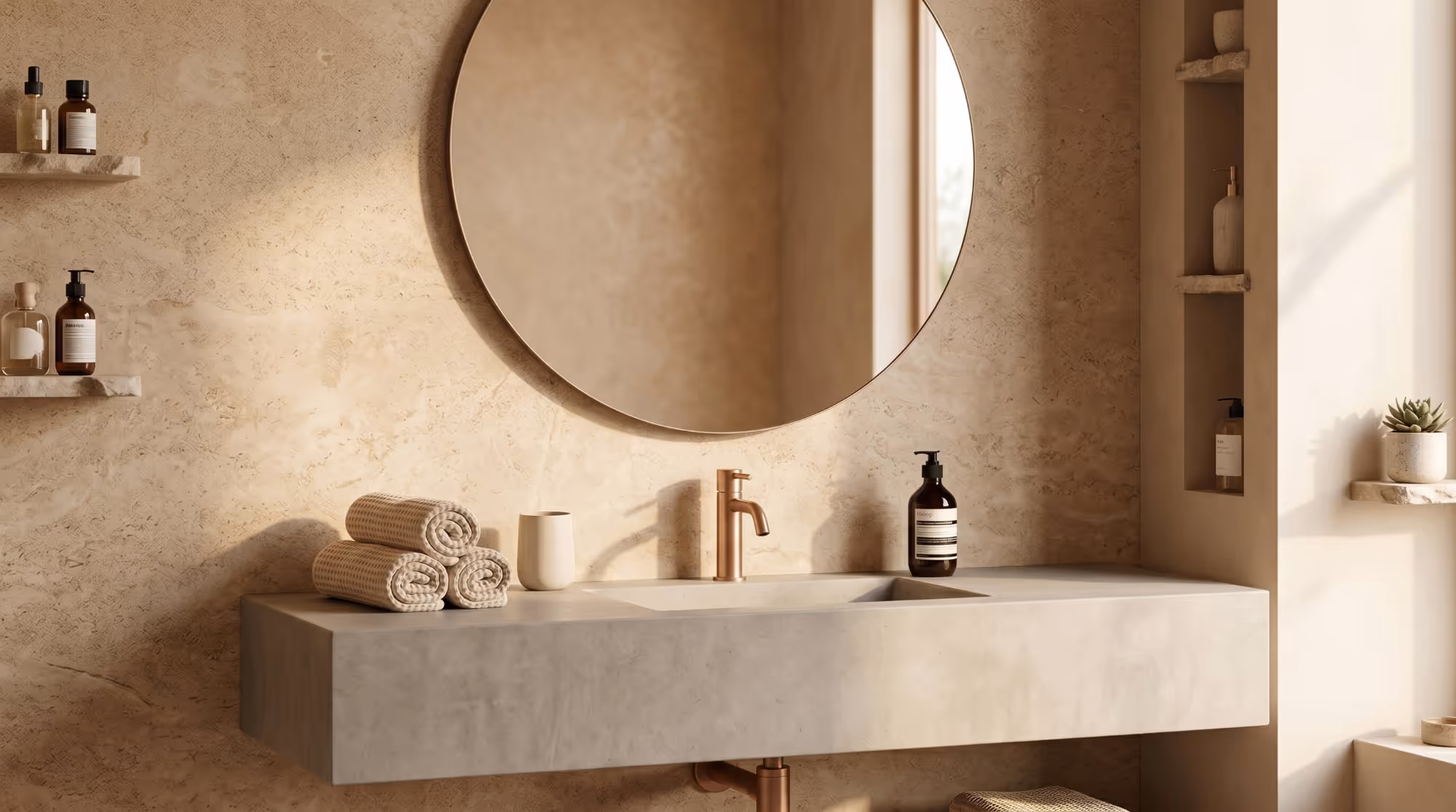 Modern bathroom sink with rose gold faucet, round mirror, folded towels, and beige textured walls.