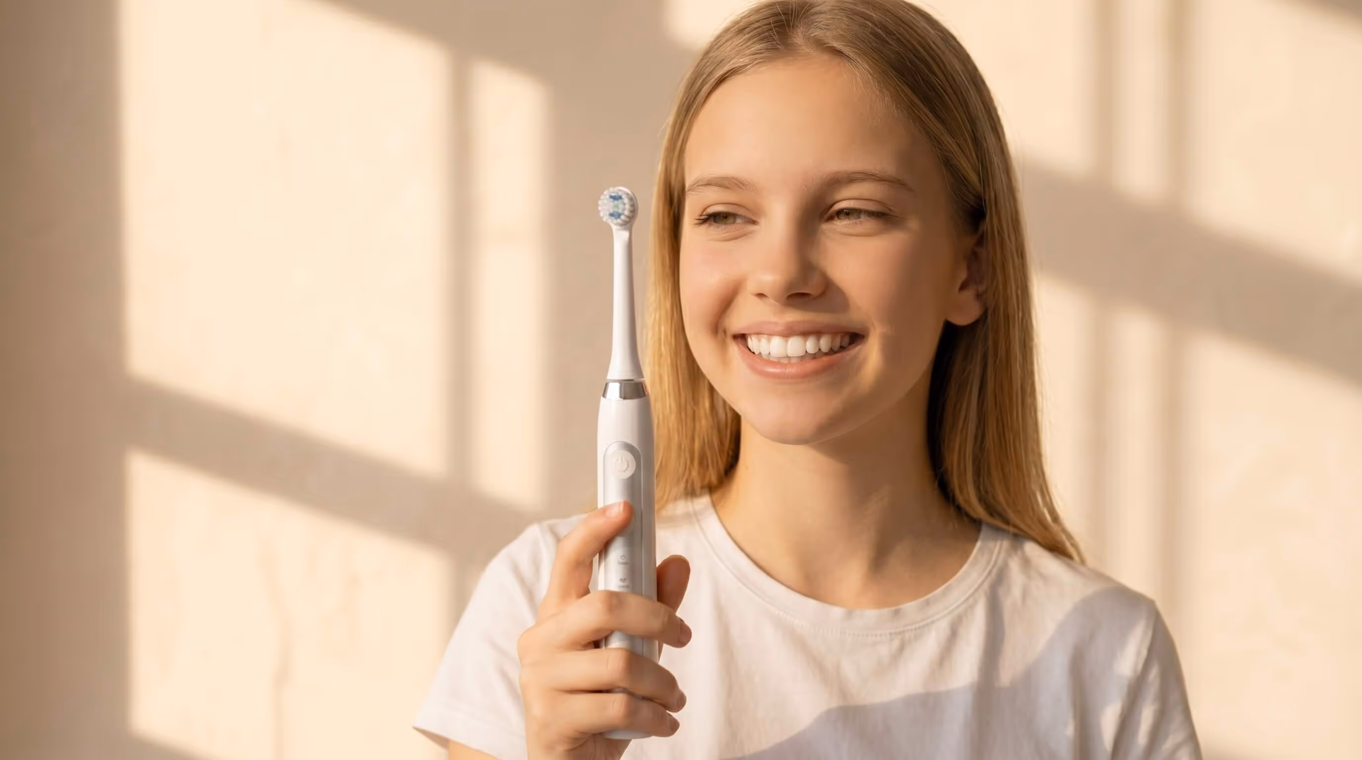 Smiling young woman holding a white electric toothbrush in her right hand.