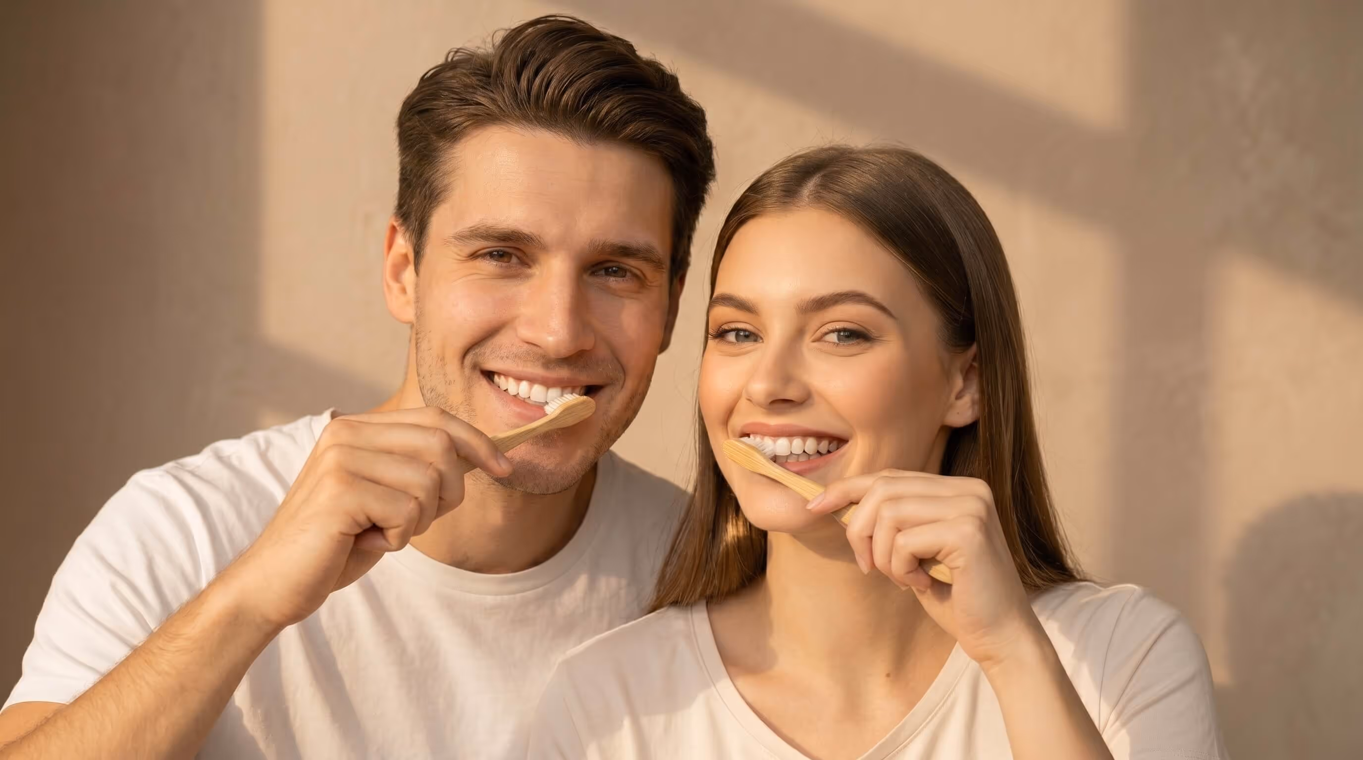 Smiling young man and woman brushing their teeth with bamboo toothbrushes together.
