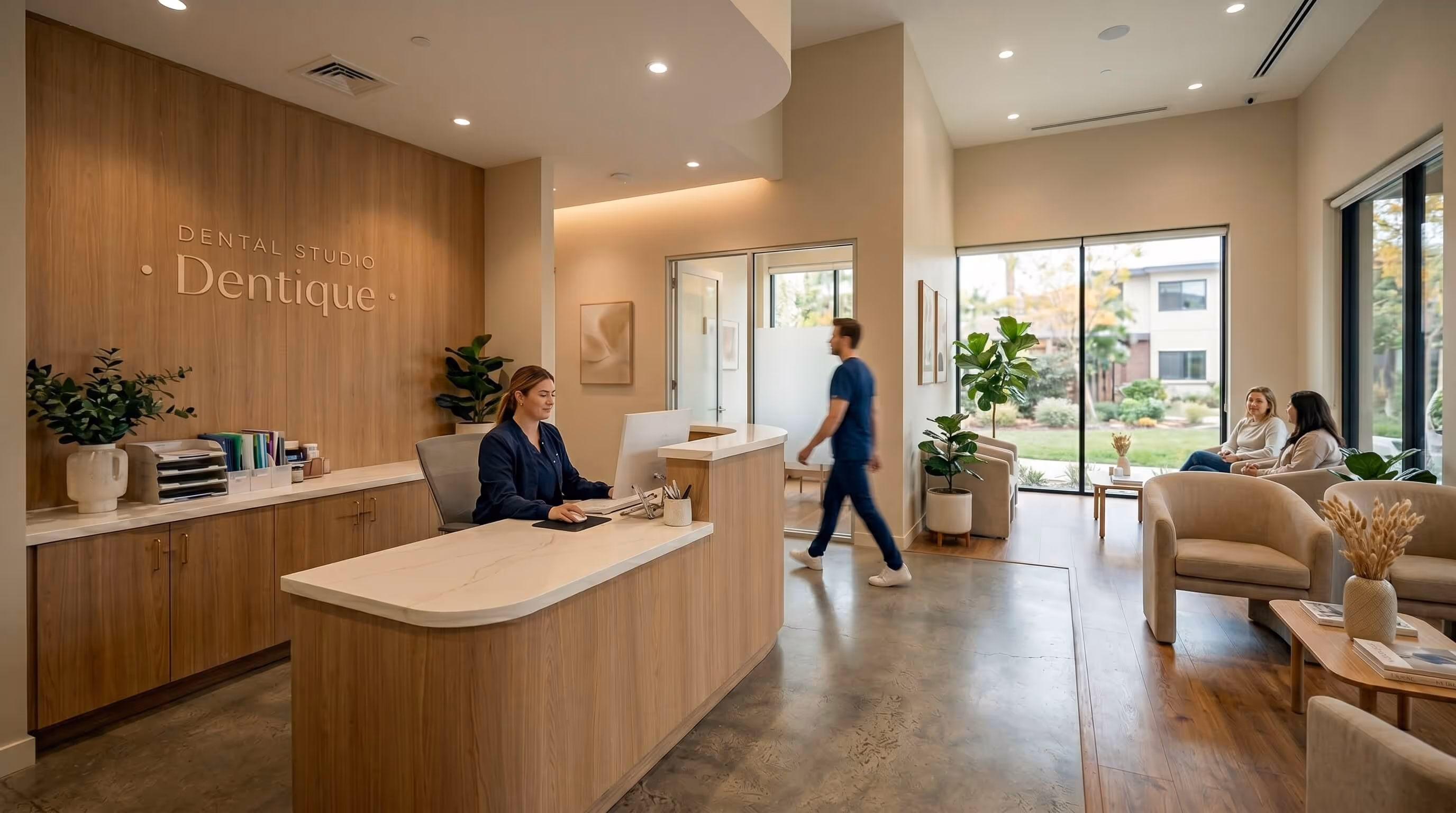 Modern dental clinic reception area with receptionist at desk, patient walking, and two seated women near large windows.