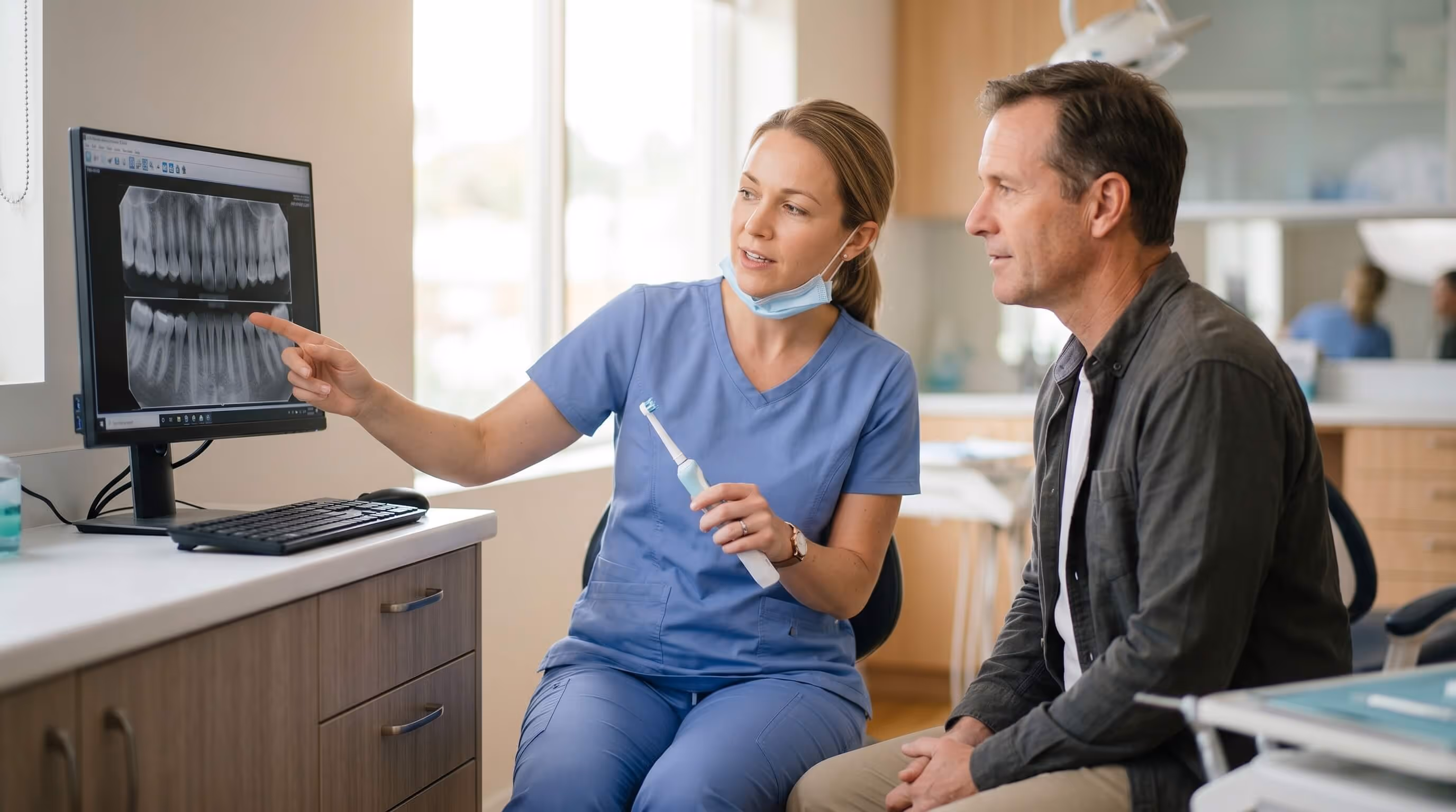 Female dentist in blue scrubs holding an electric toothbrush and pointing at dental X-rays on a computer screen while talking to a seated male patient in a dental clinic.