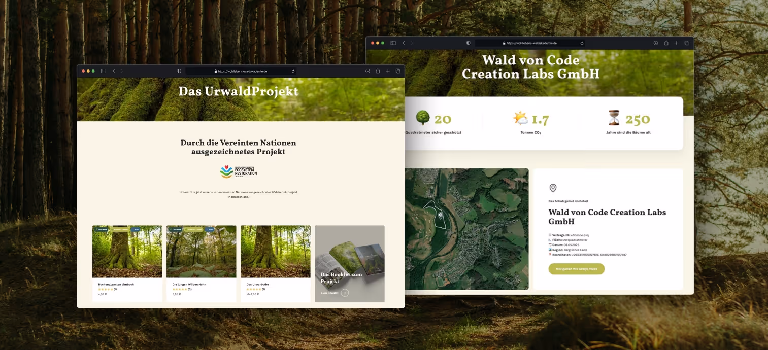 Zwei geöffnete Webseiten zeigen das UN-geehrte UrwaldProjekt und Details zum Wald von Code Creation Labs mit Wald- und Umweltschutzinfos.