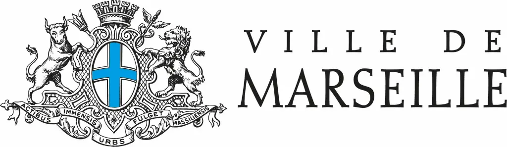 Blason de Marseille avec un taureau et un lion tenant un écusson bleu et texte Ville de Marseille.