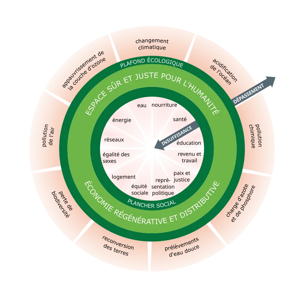 Diagramme circulaire montrant l'économie du donut avec limites écologiques et besoins sociaux équilibrés.