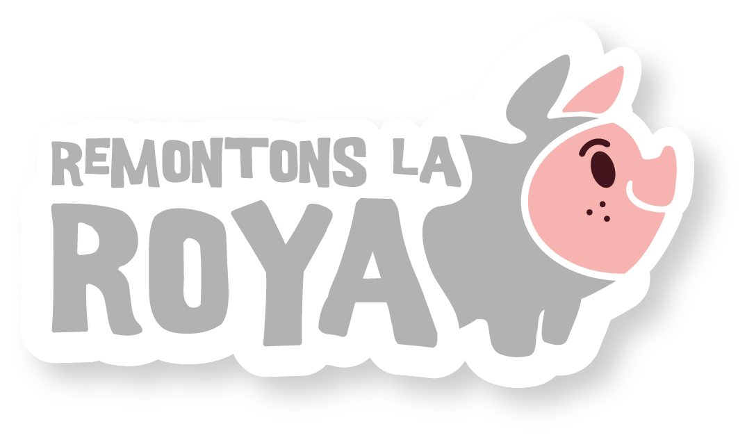 Logo avec un cochon souriant gris et rose à côté du texte « Remontons la Roya » en lettres grises.