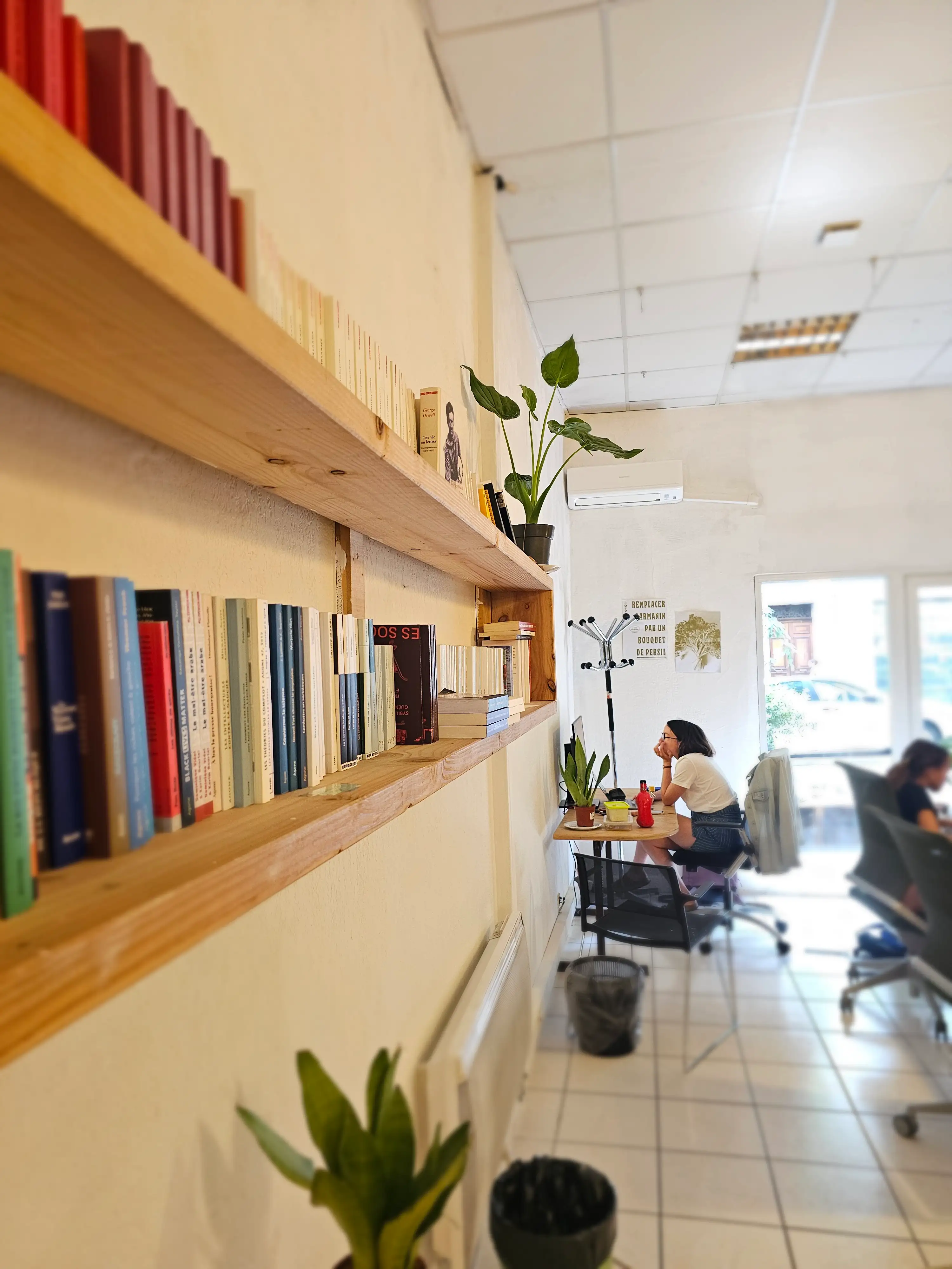 Personne travaillant à un bureau dans un espace lumineux avec étagères à livres et plantes.