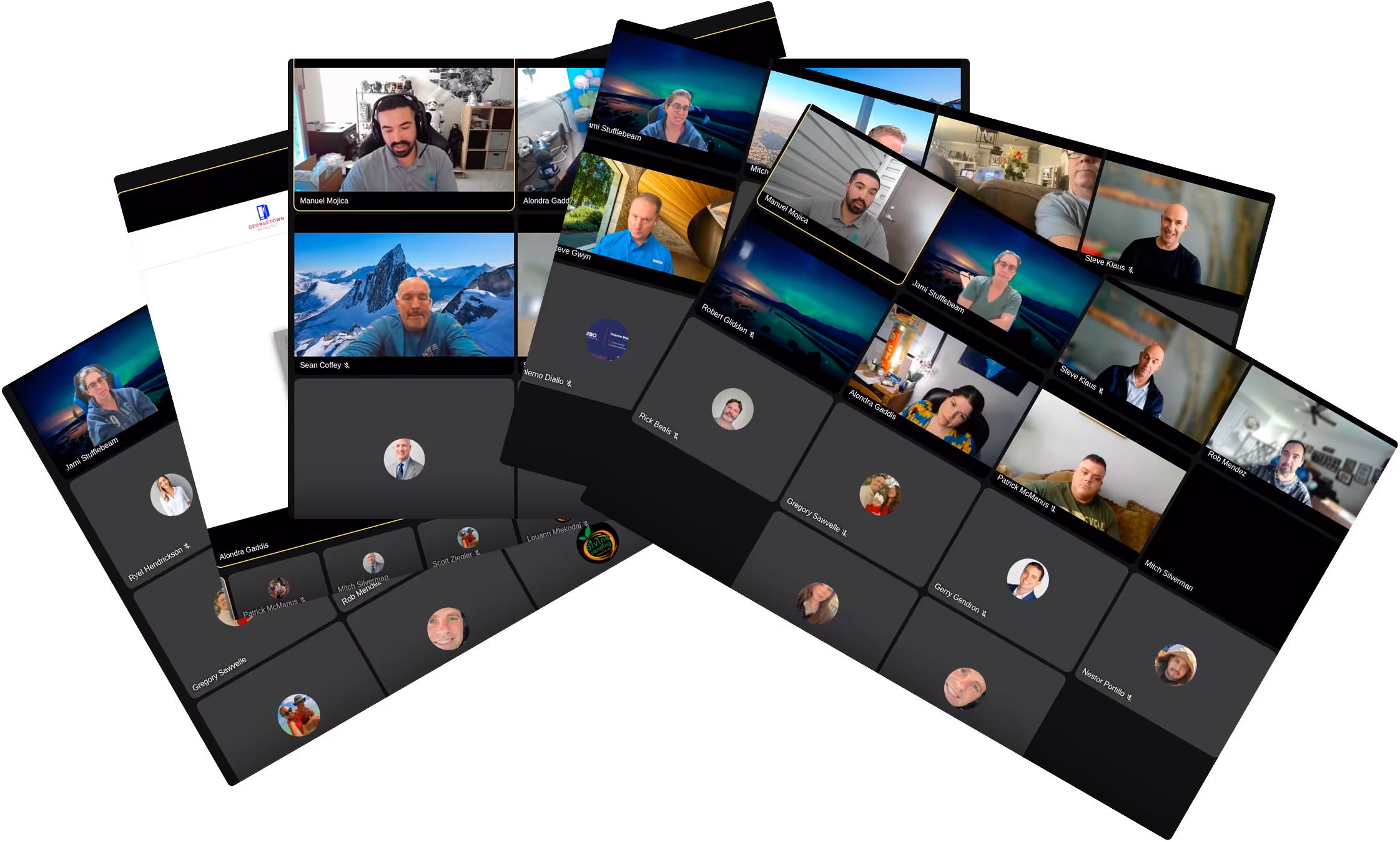 Three overlapping Zoom meeting screens showing participants in video and audio-only modes.