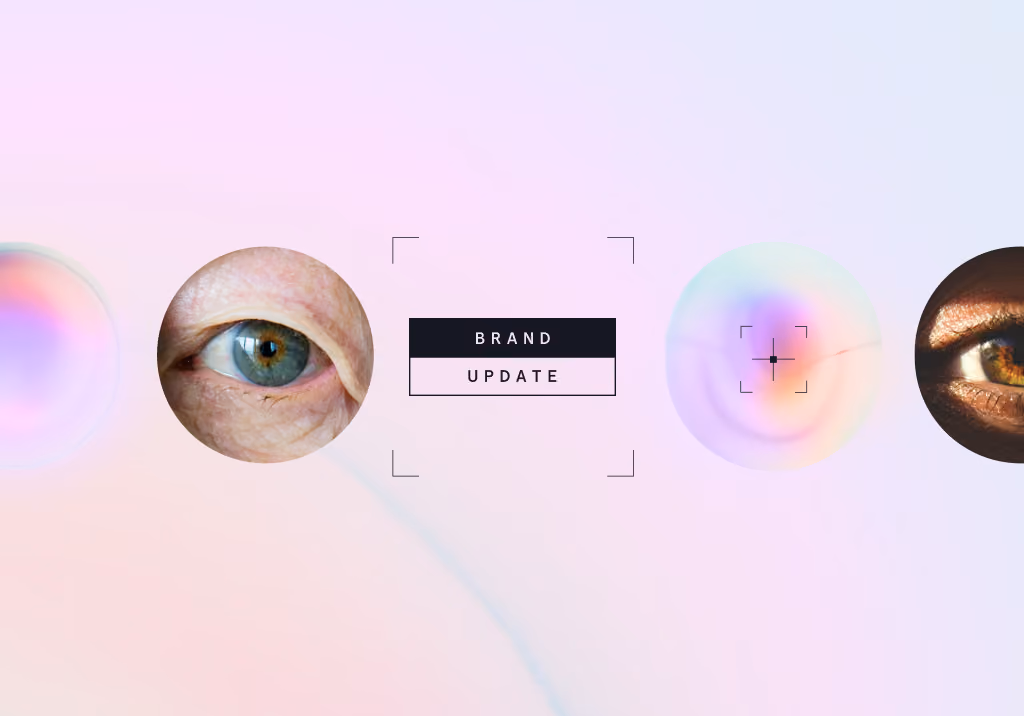 Preview of Eyenuk's refreshed brand identity showing the new logo lockup, camera-inspired viewfinders, and soft retinal gradient graphics.