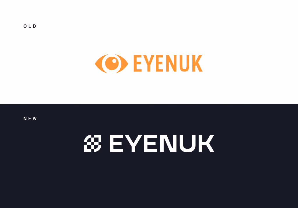 Preview of Eyenuk's refreshed brand identity showing the new logo lockup, camera-inspired viewfinders, and soft retinal gradient graphics.