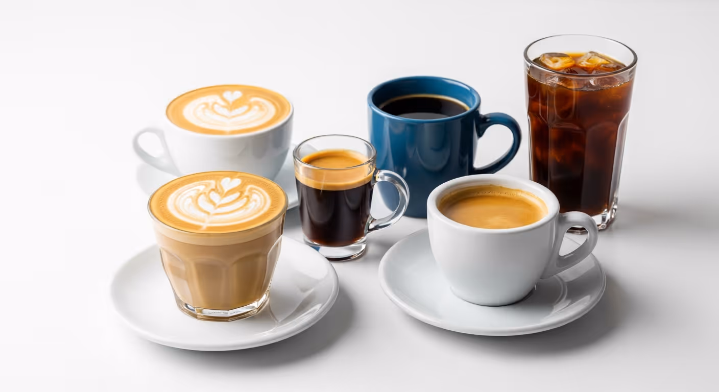 Six coffee drinks including latte, espresso, cappuccino, black coffee, and iced coffee in assorted cups.