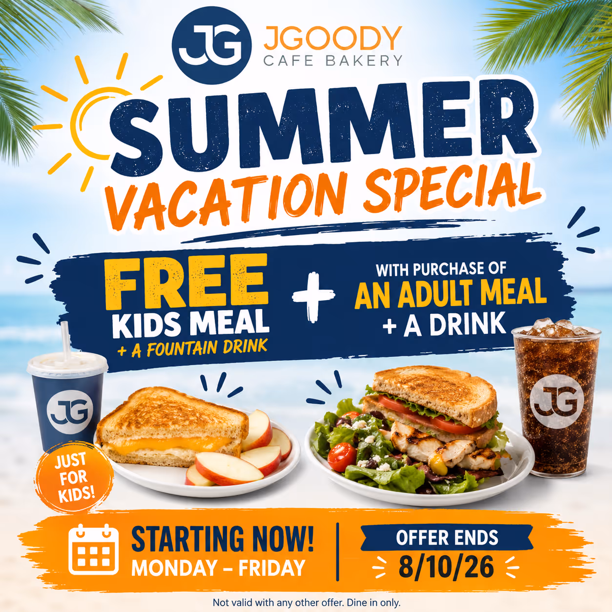 JG Goody Cafe Bakery summer deal: free kids meal and drink with purchase of adult meal and drink.