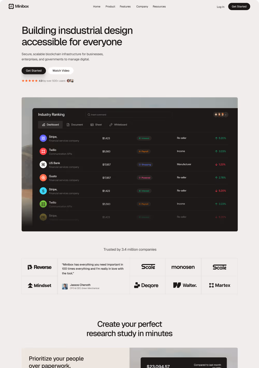 Minibox homepage showing a blockchain infrastructure service with a dark mode industry ranking dashboard and client logos.