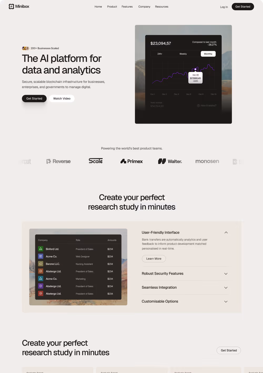 Minibox AI platform homepage showing blockchain analytics dashboard, user interface with company roles and salaries, and navigation menu.