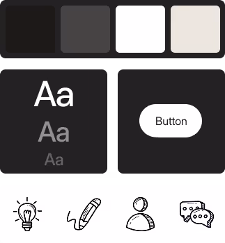 Color palette with black, dark gray, white, and light beige squares, typography samples showing font sizes, a white rounded button with 'Button' text, and four black line icons of a lightbulb, pencil, person, and speech bubbles.