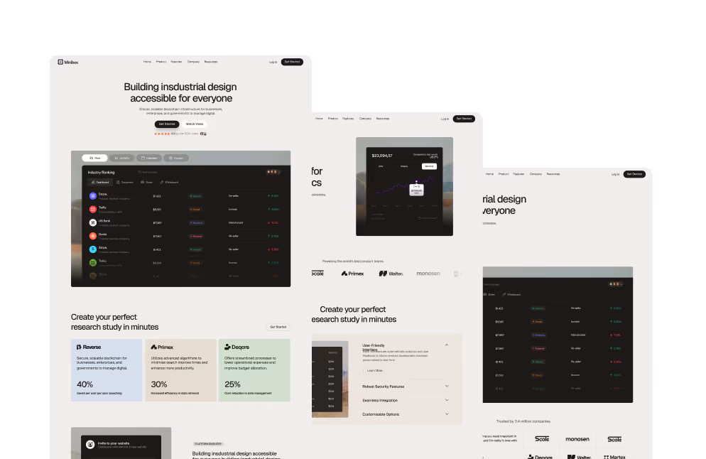 Website homepage showcasing accessible industrial design software features, industry ranking charts, partner logos, and user-friendly research tools.