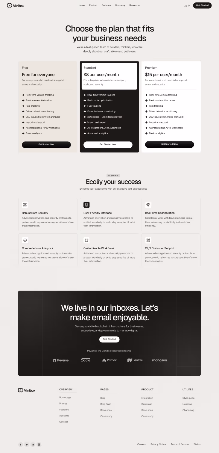 Minibox pricing plans: Free ($0) with basic features, Standard ($8 per user/month) with advanced analytics, and Premium ($15 per user/month) with basic features; includes sections on add-ons like data security, user-friendly interface, real-time collaboration, comprehensive analytics, customizable workflows, and 24/7 support.
