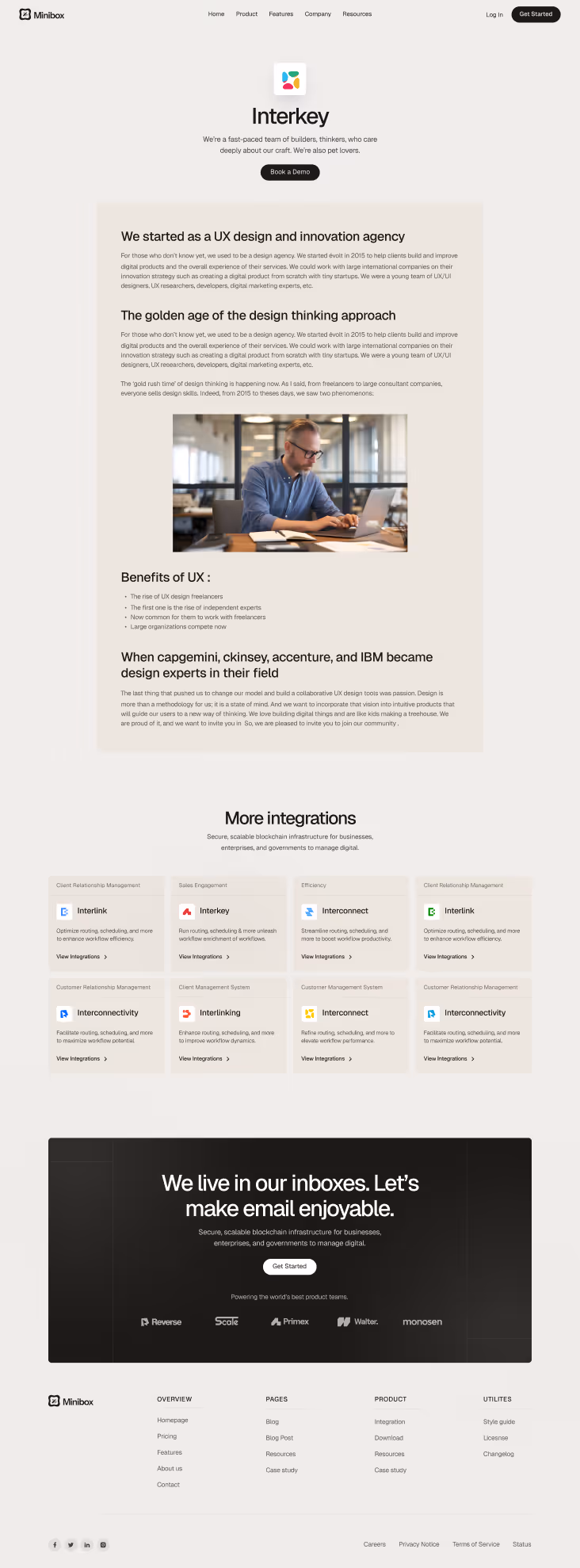 Webpage showing Interkey UX agency description, a man working on laptop, UX benefits, and various software integrations.