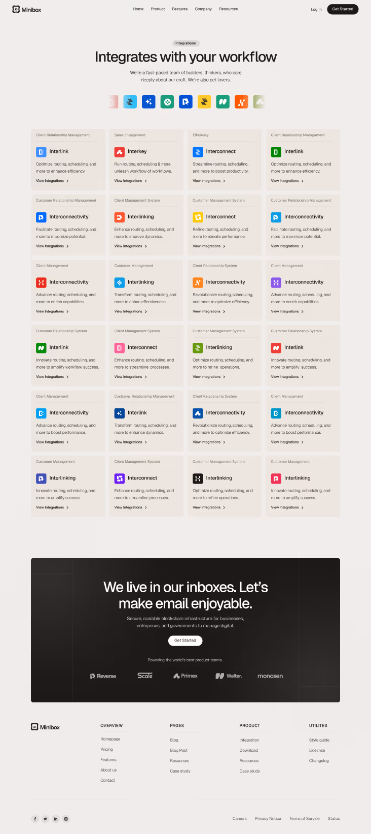 Minibox webpage showing integration options for workflow optimization with multiple colored icons and descriptions under categories like client management and sales engagement.
