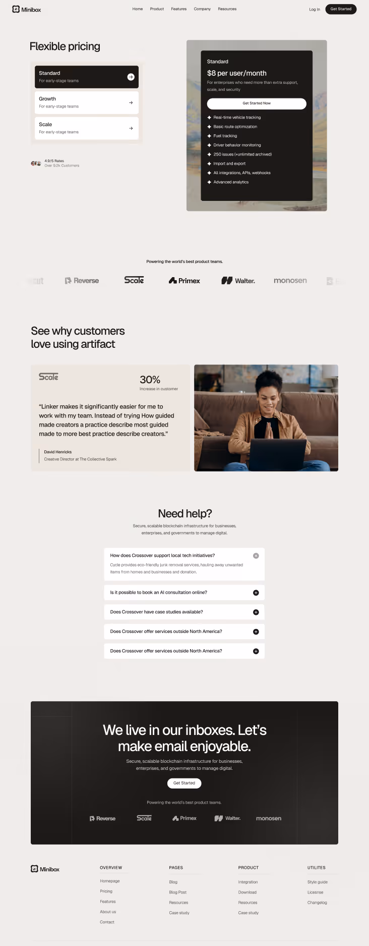 Minibox pricing page with flexible plans: Standard at $8 per user/month including features like vehicle tracking and advanced analytics, testimonial from a creative director, FAQ section, and footer with navigation links.