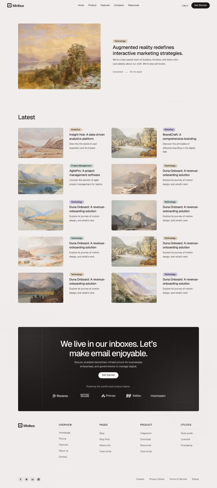Website blog page featuring landscape paintings with articles on augmented reality marketing, analytics, project management, and technology solutions.