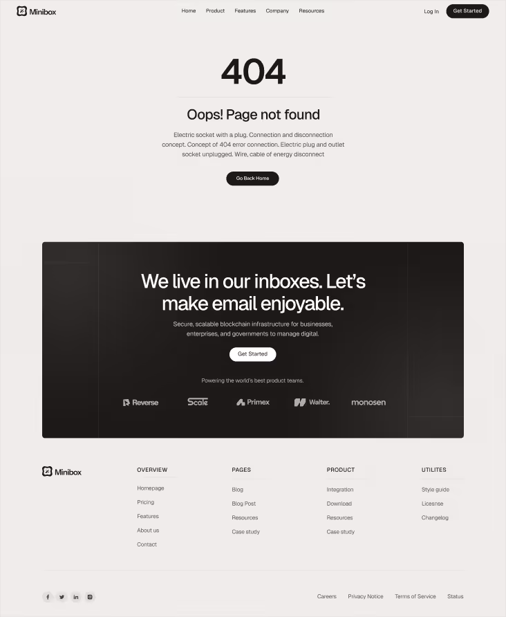 Minibox 404 error page with unplugged electric plug graphic, message saying page not found, and a button to go back home.