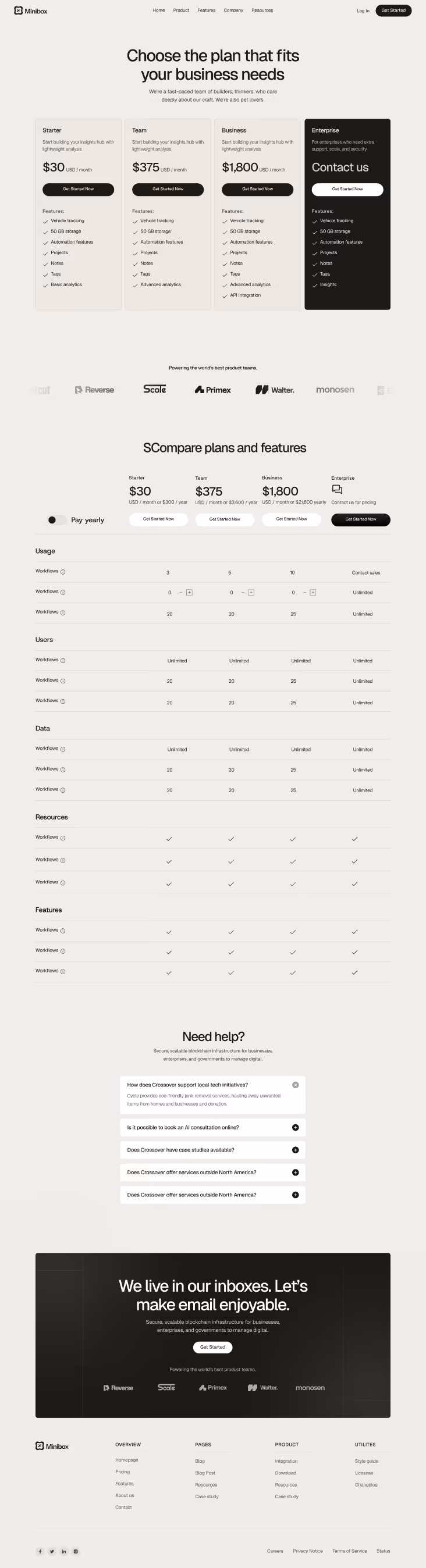 Minibox pricing plans comparing Starter, Team, Business, and Enterprise tiers with monthly costs, features, usage limits, and a contact option for Enterprise plan.