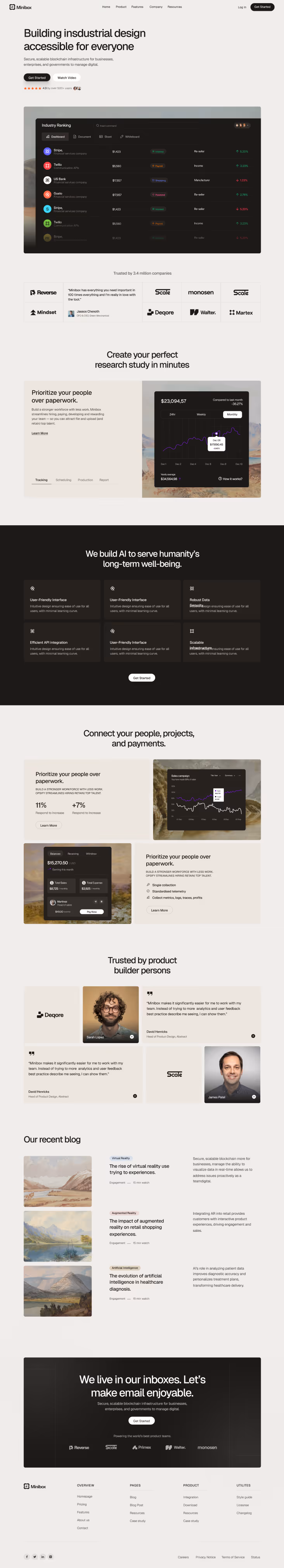 Minibox homepage showcasing blockchain infrastructure for businesses with industry ranking dashboard, partner logos, AI features, user testimonials, blog previews, and call to action buttons.