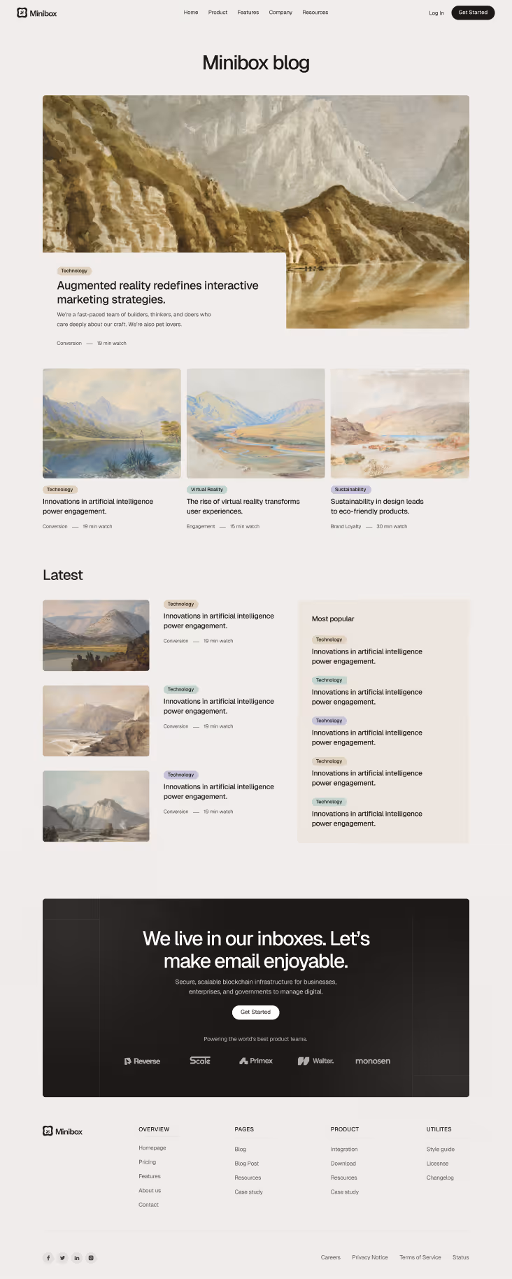 Minibox blog webpage layout featuring watercolor landscape paintings accompanying blog post titles about technology, virtual reality, sustainability, and artificial intelligence.