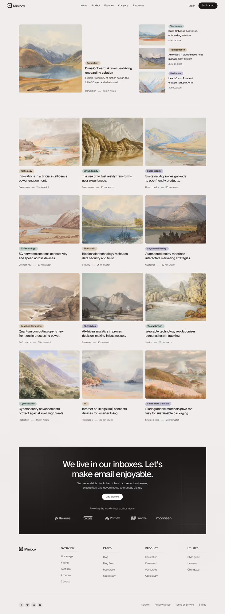 Minibox blog page layout featuring landscape paintings as thumbnails for articles on technology, virtual reality, sustainability, blockchain, AI analytics, cybersecurity, and more, with a dark call-to-action section inviting users to make email enjoyable using blockchain infrastructure.