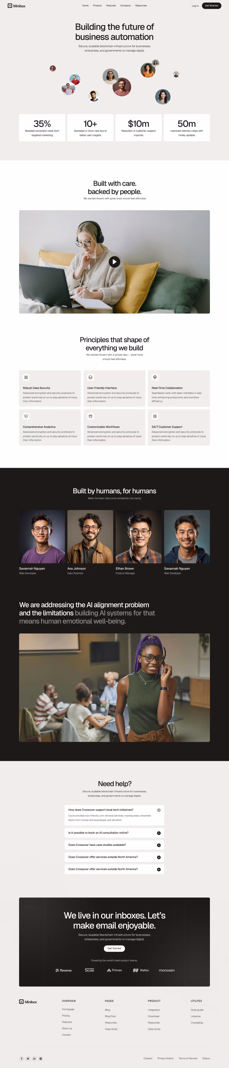 Minibox website homepage showcasing business automation features, team member photos, user benefits, support FAQs, and partner logos.