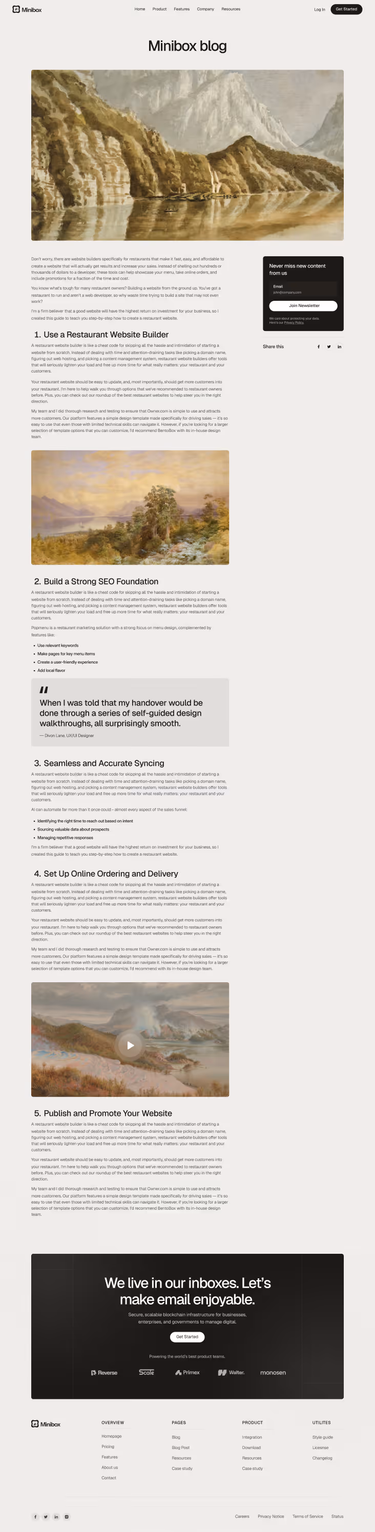Minibox blog webpage featuring a serene mountain landscape painting with a lake reflection and blog sections on restaurant website building tips.