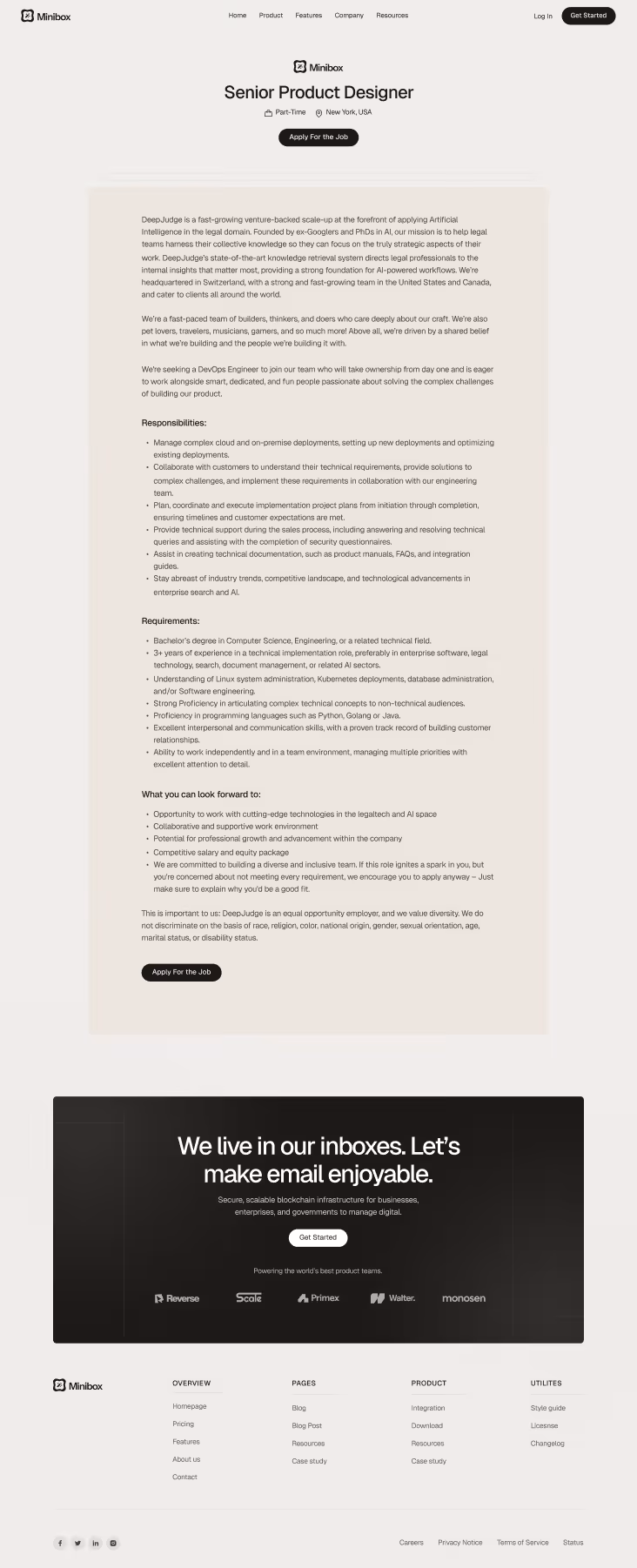 Job listing for Senior Product Designer at Minibox, part-time in New York, USA, with detailed company info, responsibilities, requirements, and benefits, plus footer and partner logos.