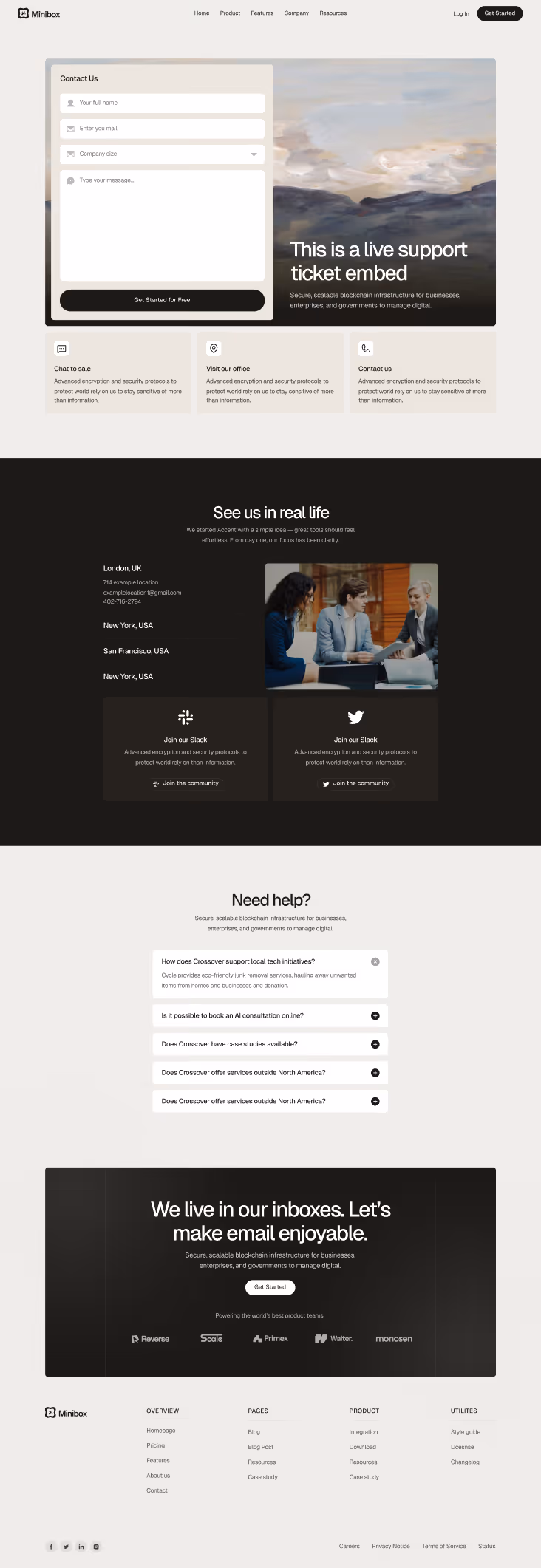 Contact page of Minibox website with form fields for name, email, company size, message, and support ticket embed; sections for chat, office visit, contact info; locations and social links; FAQ; email marketing message; and footer with navigation links and social icons.