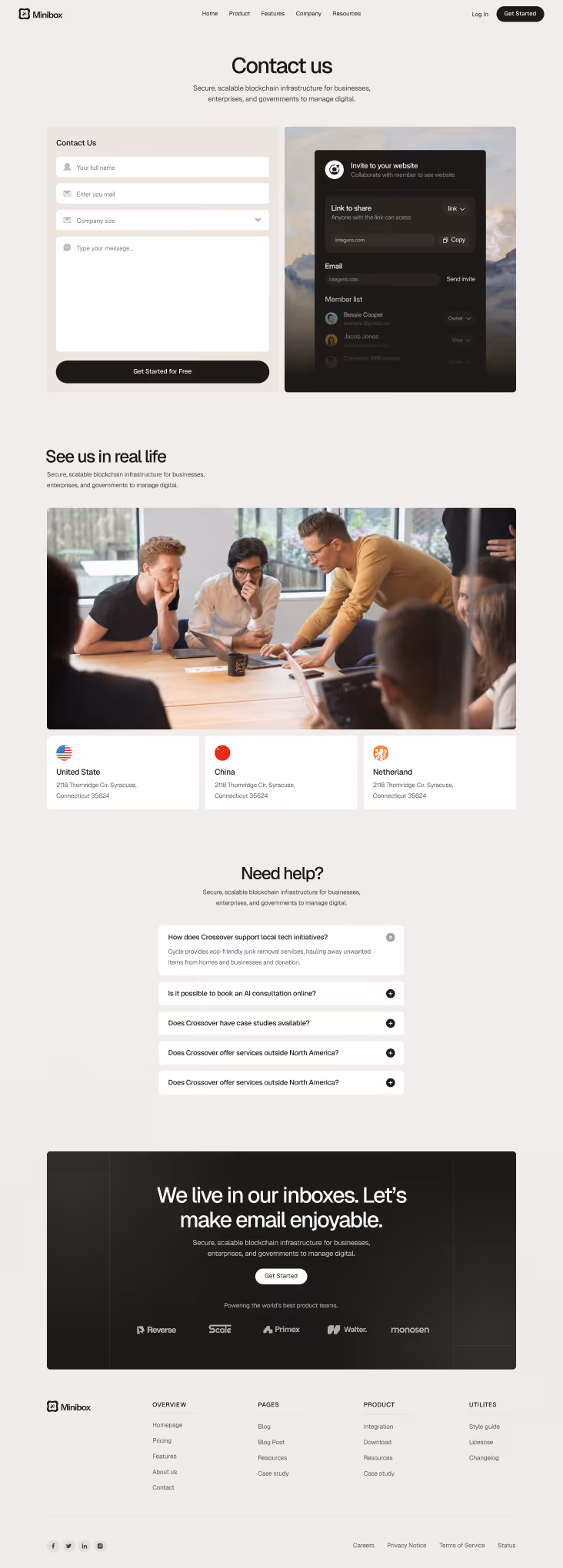 Contact page with a form for name, email, company size, and message, an invitation panel for website collaboration, photo of a team meeting, and office locations in the United States, China, and Netherlands.