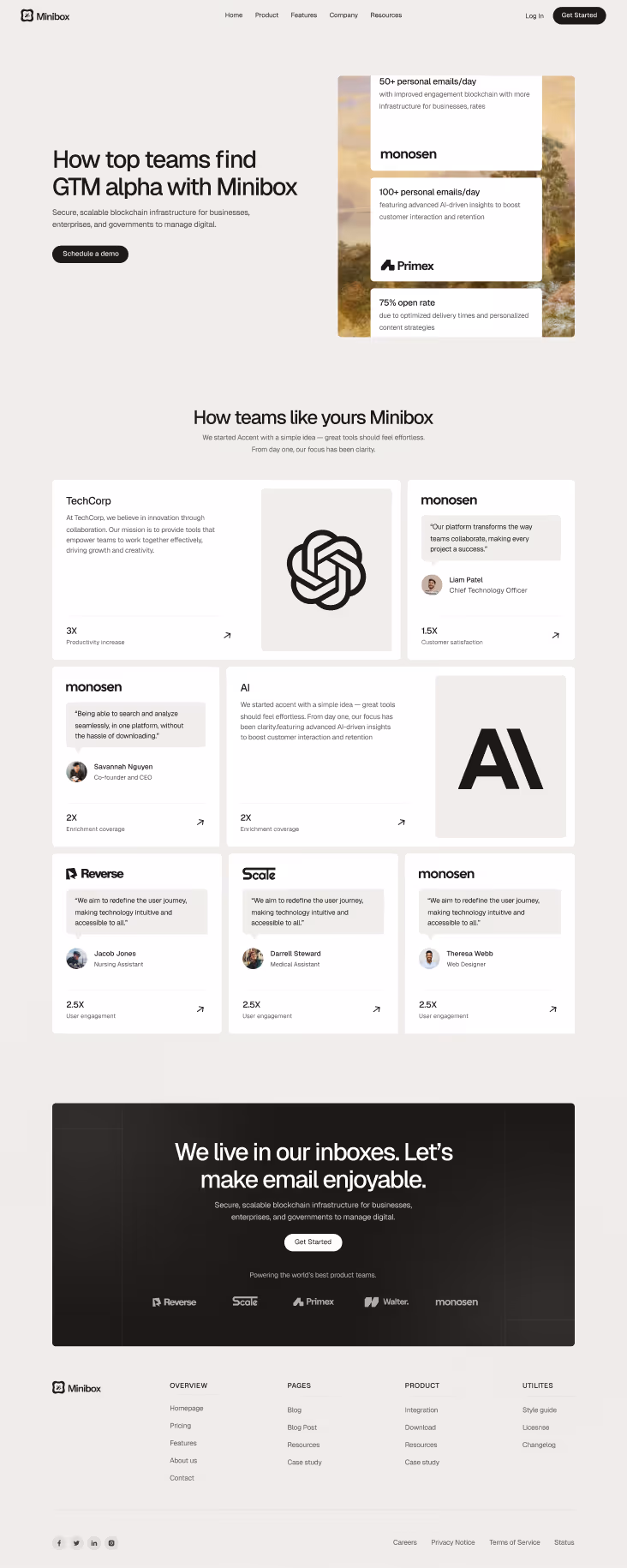 Minibox webpage showing blockchain email infrastructure benefits with customer testimonials and partner logos on a light background.