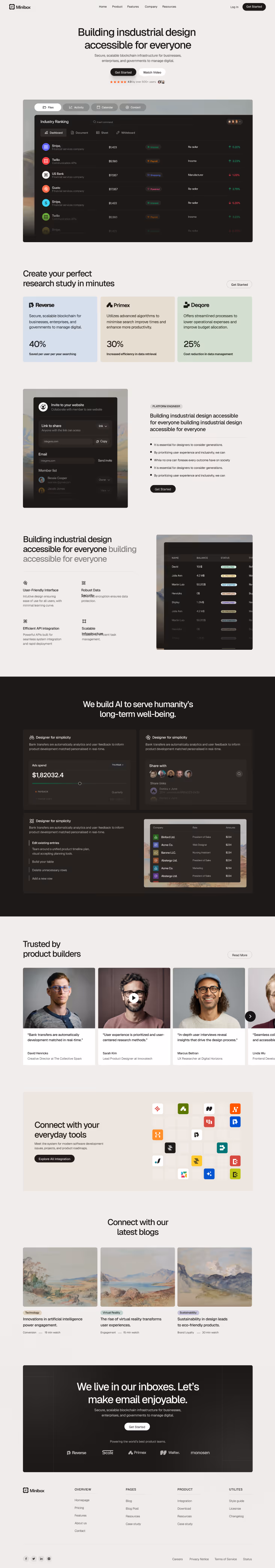 Minibox homepage showcasing accessible industrial design tools with user-friendly interface, research features, testimonials, and integrations.