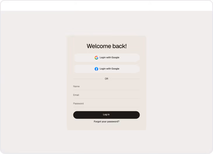 Login form with options to sign in using Google or Facebook, fields for name, email, password, and a 'Log in' button with 'Forgot your password?' link.