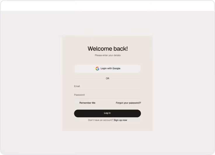 Login form with options to sign in using Google, email and password fields, a Remember Me checkbox, a Forgot password link, and a Sign up now link for new users.