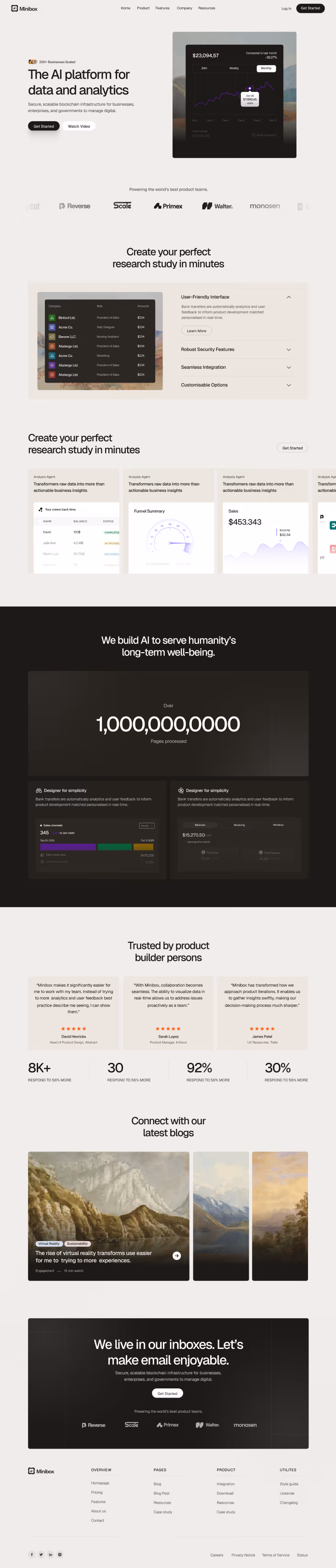 Homepage of Minibox AI platform showcasing blockchain data analytics dashboard, research study tools, customer testimonials, blog previews, and company footer.
